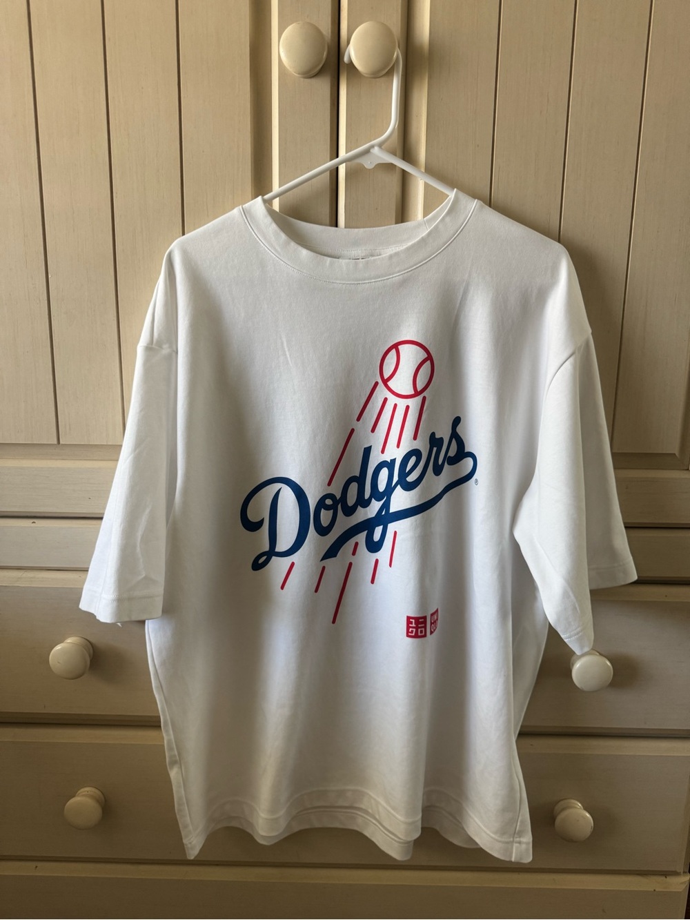 Uniqlo White Dodgers Graphic Tee with Blue and Red Print